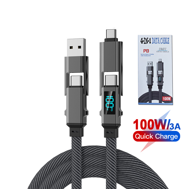 LED Display 100W 3A Flat Braided 1M 2M Multi Charging Cord 4 in 1 USB Fast Charging Cable for Phone iPad Multi USB Cable