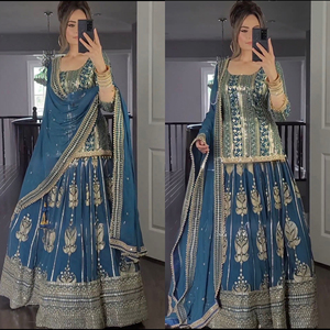 Tela de vestido de Georgette de imitación pesada de diseñador moderno para ropa de fiesta étnica paquistaní India para traje Sharara Palazzo Dupatta-High - Product Image 6
