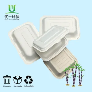 पर्यावरण-अनुकूल बायोडिग्रेडेबल क्लैमशेल खाद्य कंटेनर डिस्पोजेबल टोगो बॉक्स ढक्कन के साथ कम्पोस्टेबल गन्ना खोई बॉक्स निकालें