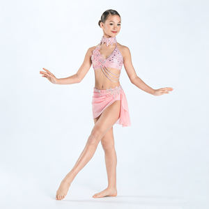 Vestido de Danza Lírica Rosa para Niñas, con Cuello Halter, para Ballet, Patinaje Artístico Contemporáneo, con Cuentas de Cristal, para Actuaciones en Escenario - Product Image 1