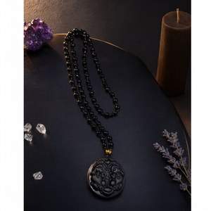Colgante de obsidiana negra con dos Pixiu y cuentas de obsidiana (Mala) – Un símbolo de riqueza, protección y crecimiento espiritual – Gema - Product Image 3