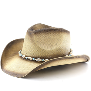 Sombrero de Vaquero Unisex de Paja <span class=keywords><strong>con</strong></span> Borde Ancho y Decoración de Conchas de Cauri, Estilo Ombre, para Playa, Pesca y Viajes - Product Image 1