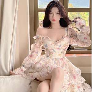 Vestido Largo de Gasa con Estampado Floral, Estilo A-Line, Hombros Descubiertos, Volantes, Cintura Imperio, Transpirable, para Uso Diario, Casual - Product Image 4