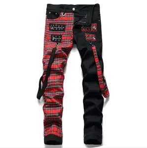 Korean Fashion Red Plaid Patchwork Punk Rivet Men Slim Jeans Trousers Skull Letters Print Hip Hop Chain Denim Pants