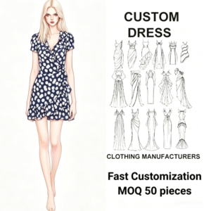 Vestido Cruzado <span class=keywords><strong>de</strong></span> Gasa Azul Marino con Estampado <span class=keywords><strong>de</strong></span> Margaritas, Cuello Drapeado, Manga Corta, Largo hasta la Rodilla, con Volantes, Fabricante <span class=keywords><strong>de</strong></span> <span class=keywords><strong>Vestidos</strong></span> Personalizados, Marca Privada - Product Image 1