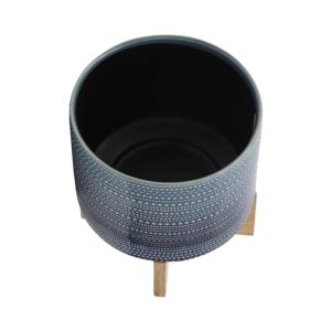 Vaso cilindrico in gres punteggiato con supporto in bambù per piante da interno ed esterno, vaso decorativo per fiori - Product Image 4