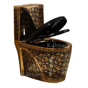 KD-01GPD de haute qualité or toilette assis en céramique formulation de cuvette de toilette noir une pièce placard à eau avec motif de fleurs dorées
