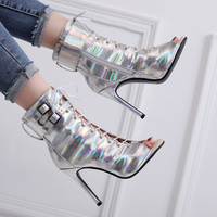 Bottes pour femmes 2026, nouvelles chaussures de danse latine en cuir verni argenté, grandes tailles 34-46, talons très hauts, salsa, à lacets