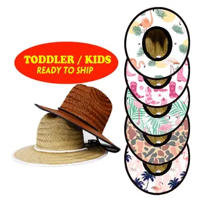 Custom Patch Kids Lifeguard Hats Wide Brim UPF Sun Protection Flamingo Natural Grass Sun Hats For Kids