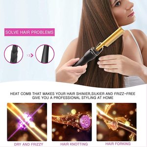 Peine Eléctrico de Cobre para Alisar el Cabello con Dientes de Acero Inoxidable y Cerámica Dorada para Uso en Cabello Húmedo y Seco, Herramienta de Peinado para el Hogar - Product Image 5