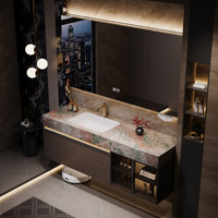 Mueble de Baño Flotante de Lujo para Hotel, Madera Sólida Natural, Encimera de Piedra Sinterizada, Lavabo Integrado, Botiquín con Luz LED