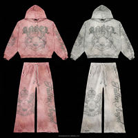 Ensemble pantalon large et sweat à capuche pour homme, personnalisé OEM, en coton brodé de strass, style streetwear vintage, avec fermeture éclair, délavé à l'acide et effet usé