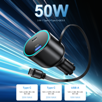 Pengisi Daya Mobil Cepat 50W Retractable PD20W+QC3.0 Port Kabel USB 2.6FT Proteksi OTP Ponsel Android/iOS Jam Tangan Pintar GAOYI CE/FCC
