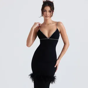 SB2211 Lady Sexy Black Sleeveless Rhinestone Top With Spaghetti Straps Feather Bodycon Dress For Women