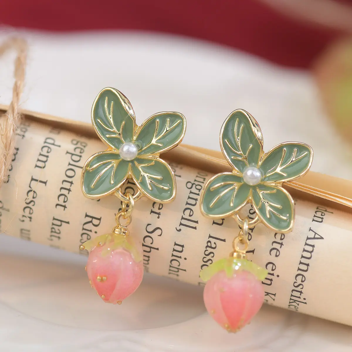 Fresh and Sweet Strawberry Smoothie Earrings with Leaf Design