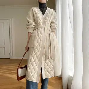 Famous design 2023 women's fashion long down parka luxury white goose down overcoat woolen patchwork trench TS05