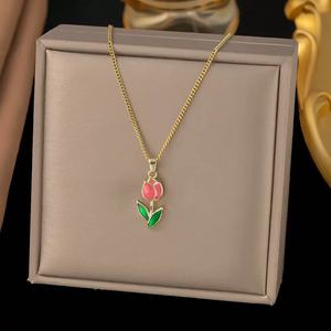 <span class=keywords><strong>Collana</strong></span> a catenina a forma di <span class=keywords><strong>tulipano</strong></span> in acciaio inossidabile con fiore di lusso Non sbiadito 18k placcato in vero oro smalto a goccia regalo - Product Image 5