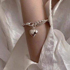 S925 Sterling Silver Double Layer <b>Beaded</b> Heart <b>Bracelet</b> For Women Korean Style Everyday Wear Jewelry - Product Image 2