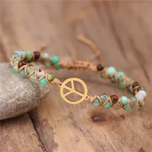 Femme Edelstahl Peace Charm String Geflochtene Perlen Armband Yoga Freundschaft Armband Armreif Böhmischer Schmuck Drops hip