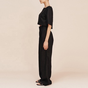 <span class=keywords><strong>Pantaloni</strong></span> Neri da Donna a Vita Alta con Apertura Frontale a Gancio, Dettaglio Pieghe Invertite, Gamba Larga, 100% Lino - Product Image 4