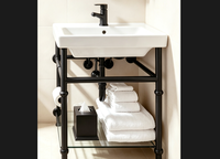 Meuble de salle de bain vintage noir mat pour suites d'hôtel, meuble-lavabo à cadre métallique, console de vanité de style transitionnel avec pieds en acier inoxydable 304