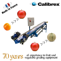 Máquina clasificadora de peso multifuncional pequeña CALIBREX fabricada en Francia para tomate y melón con mesa elevadora de rodillos