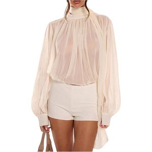Blusa de Gasa Transparente para Mujer, Cuello Alto, Manga Larga, Manga Abullonada, Top Elegante para Fiesta, Atuendo Casual - Product Image 1