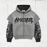 Sweat à capuche OEM à double fermeture éclair, 400 g/m², 100 % coton, effet délavé, avec strass et impression graphique personnalisée, style streetwear