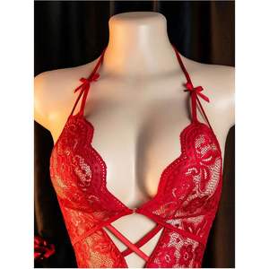 Body en dentelle personnalisé pour femme, col en V profond, dos nu, sexy, extensible, une pièce, lingerie découpée, babydoll à volants - Product Image 1