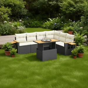 Ensemble de canapés de jardin noir et crème avec structure en rotin PE, coussins en mousse haute densité, mobilier d'extérieur au design contemporain - Product Image 2