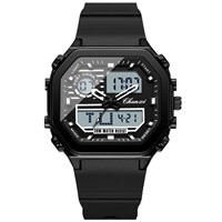 Jam Tangan Sport Pria Analog Digital Layar Ganda Bahan Alloy Persegi 43mm Bercahaya 30M Tali Silikon Logo Kustom Pesanan Grosir