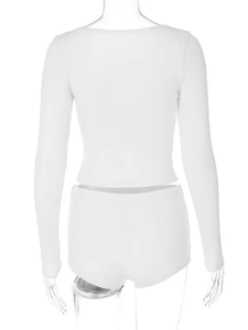 Bộ cổ chữ V màu đen phong cách gợi cảm phong cách Châu Âu & mỹ Áo ngắn tay khuy + Quần Short Cạp cao họa tiết màu trơn giản dị - Product Image 6