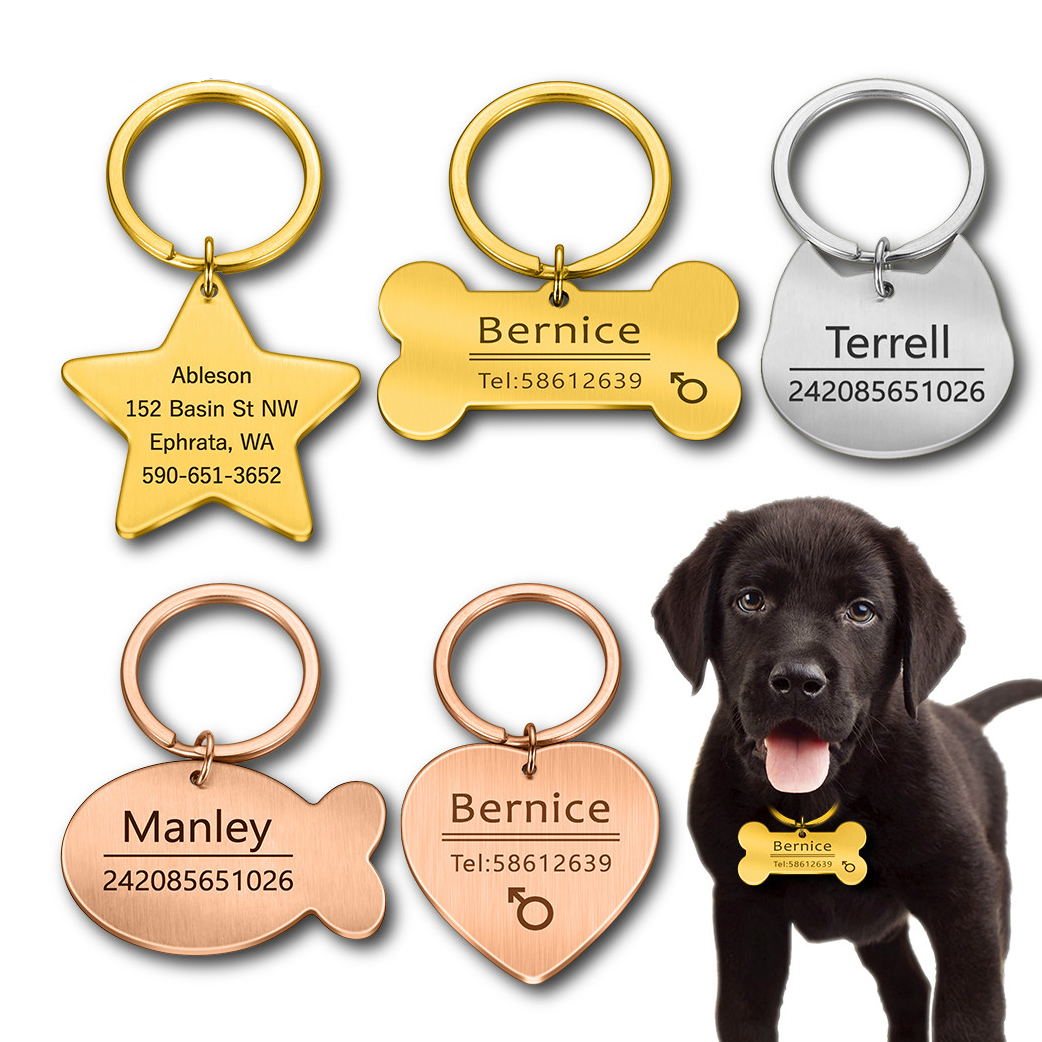 Персонализированная идентификационная бирка из нержавеющей стали для кошек и собак, брелок с гравировкой, индивидуальное имя для домашних животных, металлическая бирка для ошейника, подвеска