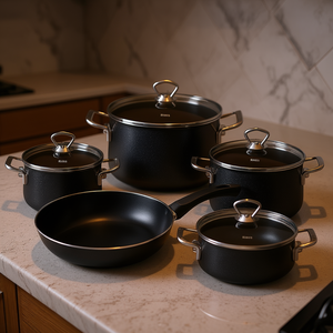 Riess Black <b>Magic</b> 5 Piece Cookware <b>Set</b> With Stainless Steel Handles And Glass Lids For Stovetop Use - Product Image 3