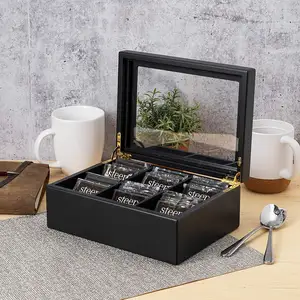 Wooden Tea Organizer For Tea Bags 6 Compartments Black Wooden Tea Box