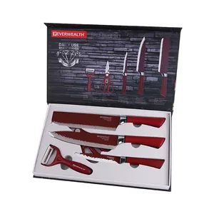 Coffret cadeau de 5 couteaux de cuisine à manche en plastique super tranchant avec revêtement rouge