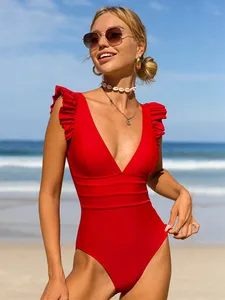 BikinX tinta unita costume da <span class=keywords><strong>bagno</strong></span> <span class=keywords><strong>donna</strong></span> rosso costume da <span class=keywords><strong>bagno</strong></span> Sexy profondo scollo a V costume da <span class=keywords><strong>bagno</strong></span> a schiena bassa e gamba alta costume da <span class=keywords><strong>bagno</strong></span> per le donne - Product Image 2