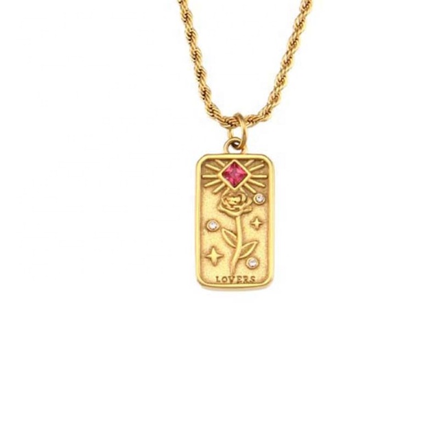 Milskye Fine Romantic Jewelry 925 Silver 18k Gold Geometric Rectangle Engraved Necklace With Medal and Flower for Lovers