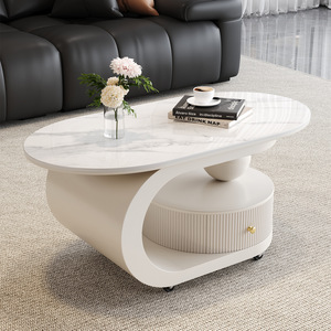 Wan Yusen Marble Coffee <b>Table</b> Oval White Movable Storage Living Room <b>Sofa</b> Side <b>Table</b> - Product Image 1