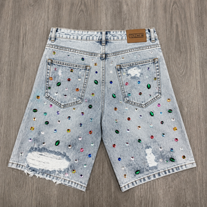 DiZNEW Pantaloncini in denim da uomo personalizzati <span class=keywords><strong>con</strong></span> strass, lavaggio acido, modello baggy, <span class=keywords><strong>con</strong></span> diamanti, strappati, stile rapper, streetwear, OEM - Product Image 2