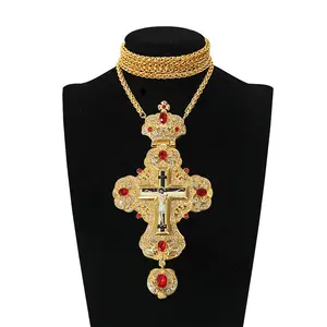 Thiết kế mới vàng cầu nguyện Jesus crucifix biểu tượng Màu Xanh Lá Cây đá quý với PU Hộp chuỗi linh mục người đàn ông Vòng cổ biểu tượng chính thống