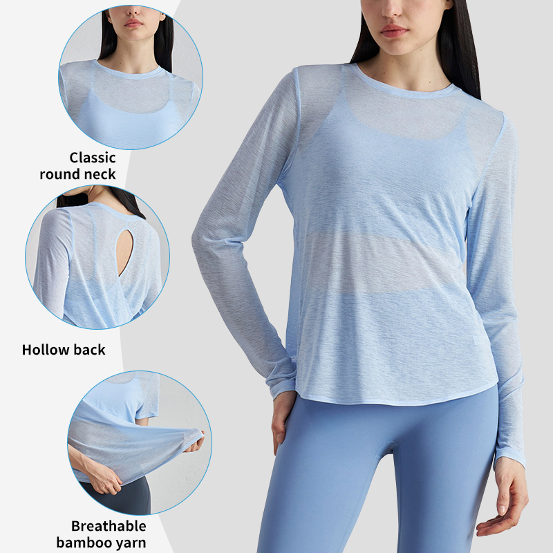 ADCX52019 Women Round-Neck Long Sleeve Hollow Back Breathable Loose Fit Running Athletic Lightweight Tummy Control Yoga Tops