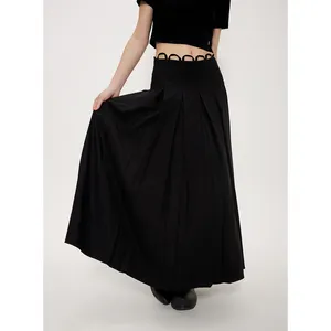 Price Promotion 100% Polyester Apricot Black Wrinkled Wind Pleated Long Ladies Skirt For Women Design