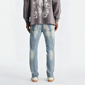 Jean slim délavé bleu clair pour homme avec rayures latérales et effet éclaboussures de peinture, déchiré, style streetwear décontracté - Product Image 2