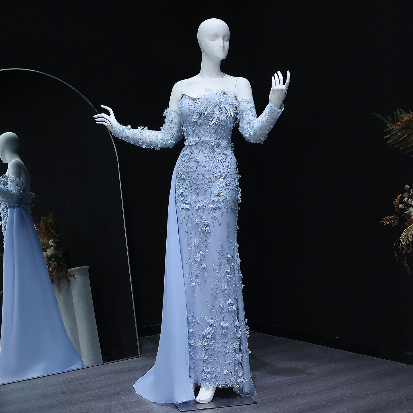 sachin and babi light blue dress Brown Feathers Beaded Evening Dresses With Cape Sleeves A-Line Gown Fo   SELINADRESS