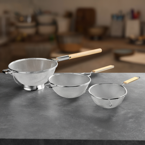 Set di 3 colini a doppia rete in acciaio inossidabile con manico in legno, utensili da cucina per scolare - Product Image 3