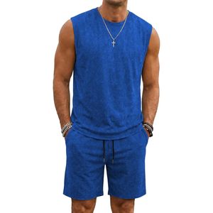 FOXA Men's Vintage Acid Wash Sleeveless Tank Top And Shorts <b>Set</b> Cotton Breathable Casual Wear - Product Image 1