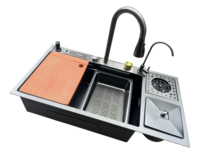 Évier de cuisine moderne à cuve unique en acier inoxydable 304 avec robinet cascade multifonctionnel à quatre trous