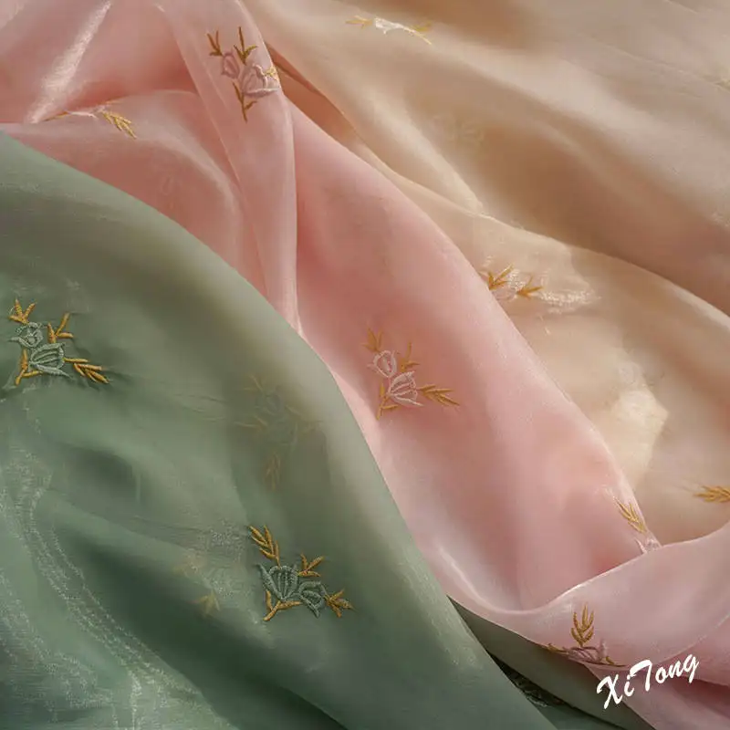 Embroidery bright organza glitter satin fabric Bright silk flash breeze satin materials for dress making chiffon dress