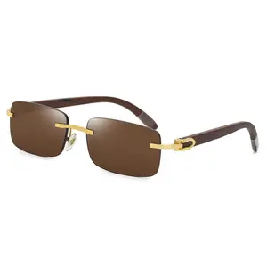 Lunettes de soleil rétro luxueuses à monture en bois véritable Lunettes de soleil rectangulaires sans monture pour femmes Lunettes de soleil de luxe pour femmes